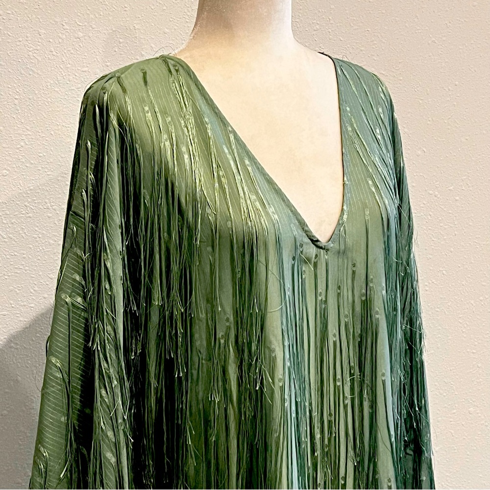 Maeve by Anthropologie Green fringe dress with V-neckline OS